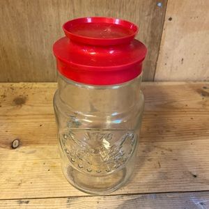 Vtg Anchor Hocking Glass Canister Jar American Eagle & Stars w/Red Plastic Lid